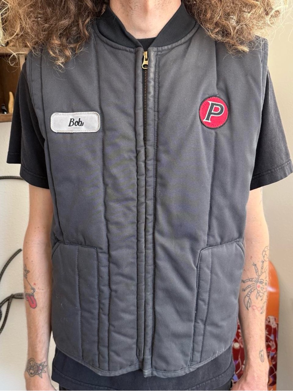 Vintage 90s Y2K Gray Quilted Workwear Boxy Vest Bob Patch ~ Size Medium